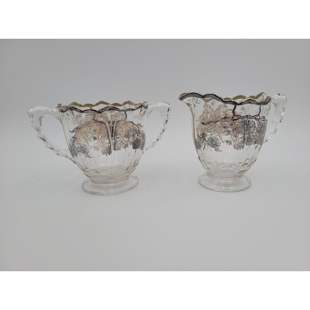 VTG glass creamer and sugar bowl silver overlay floral 25th anniversary